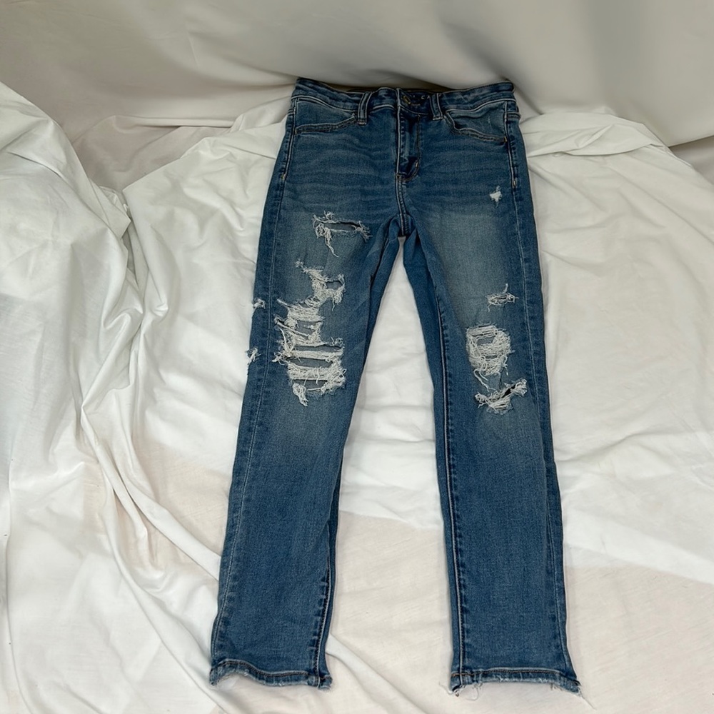 American Eagle Super Hi-Rise Stretch Distressed Blue Jean Jegging Size 4 Short
